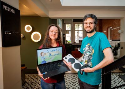 Clare and Conor from Soft Leaf Studios showcase their accessible game, Stories of Blossom at the Pixel Mill