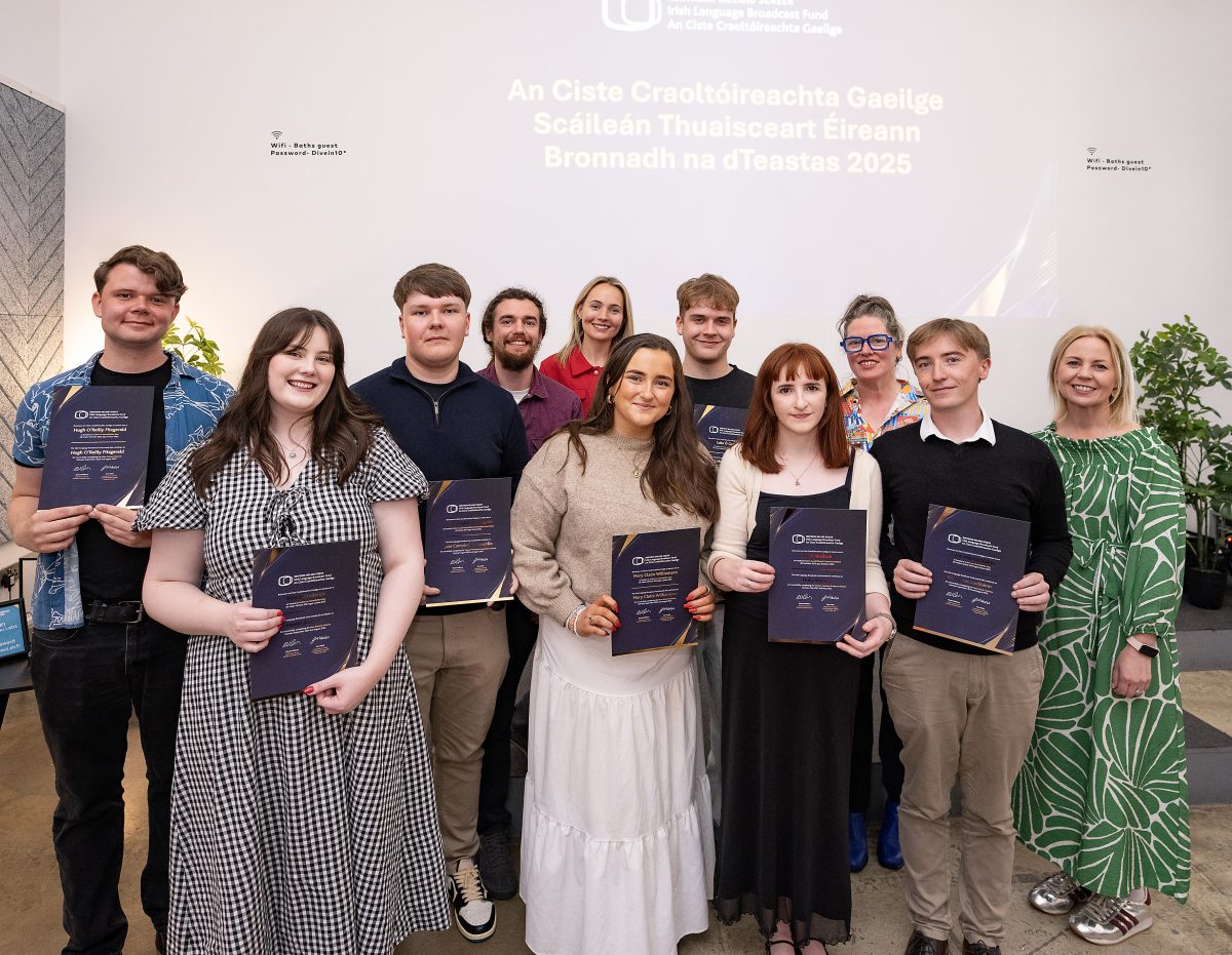 Irish Language Broadcast Fund graduates Fionn Mac Lochlainn, Hugh O’Reilly Fitzgerald, Luke Ó Gráda, Jake Campbell McLaughlin, Molly Wallace, Méabh Broderick and Mary Claire Williamson, pictured with ILBF Chair Bríd Ní Fhachtna, Head of ILBF Áine Walsh, ILBF Manager Doireann Nic Dhomhnaill and ILBF Officer James Jamison Mac Lochlainn at the graduation event in Belfast.